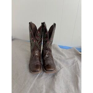 Nocona Brown Leather Floral Embroidered Square Toe Western Cowboy Boot NL5007 9B